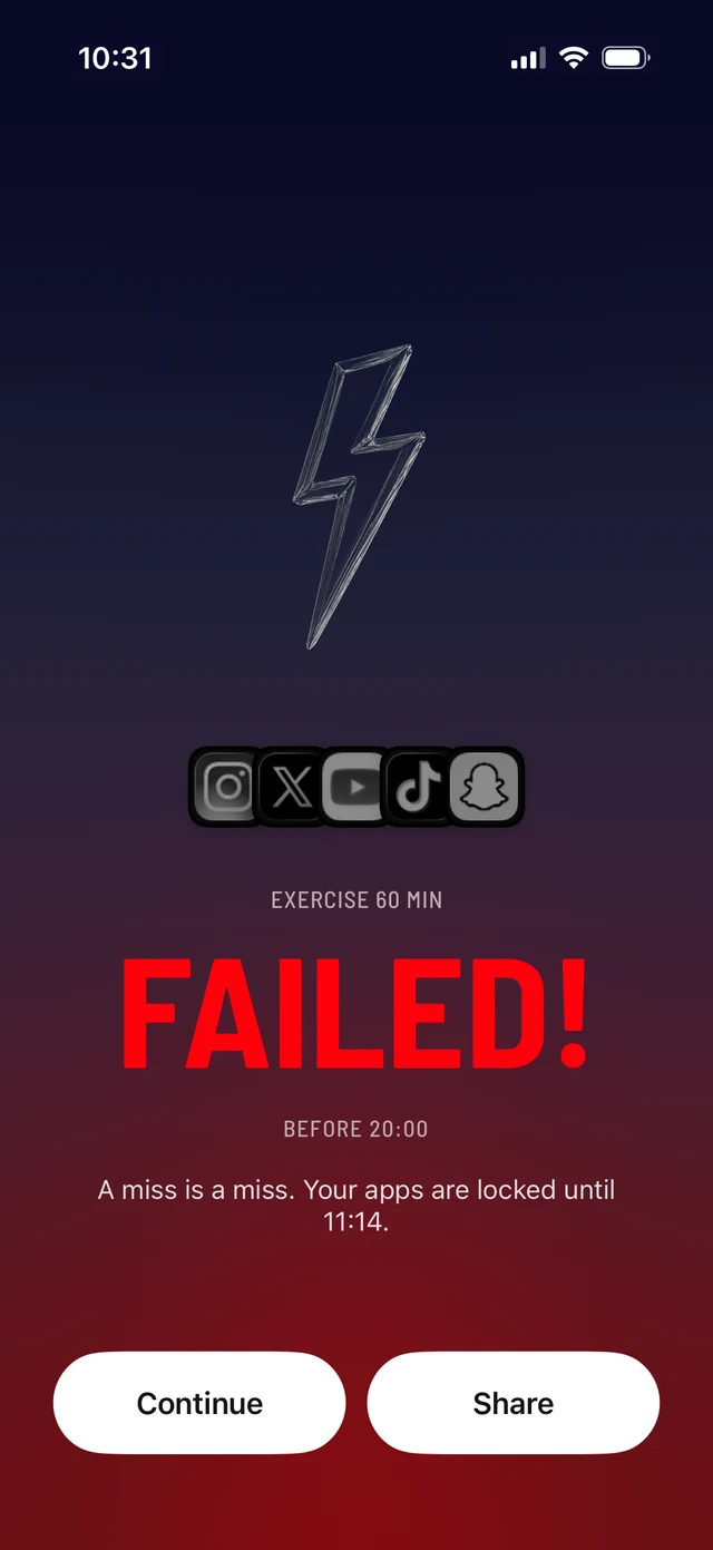 A missed goal: FAILED in red, the chosen apps greyed out, and the time they unlock