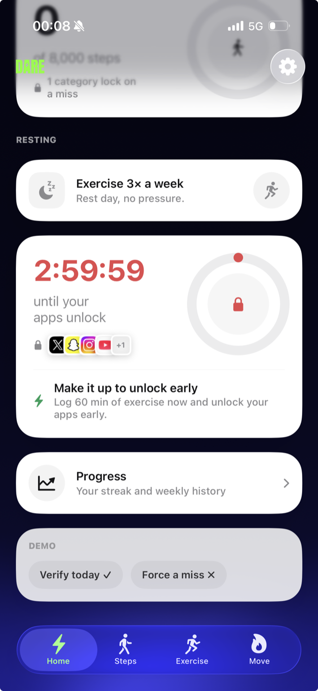 Apps locked: a countdown until the apps unlock, with the option to make the goal up and unlock early